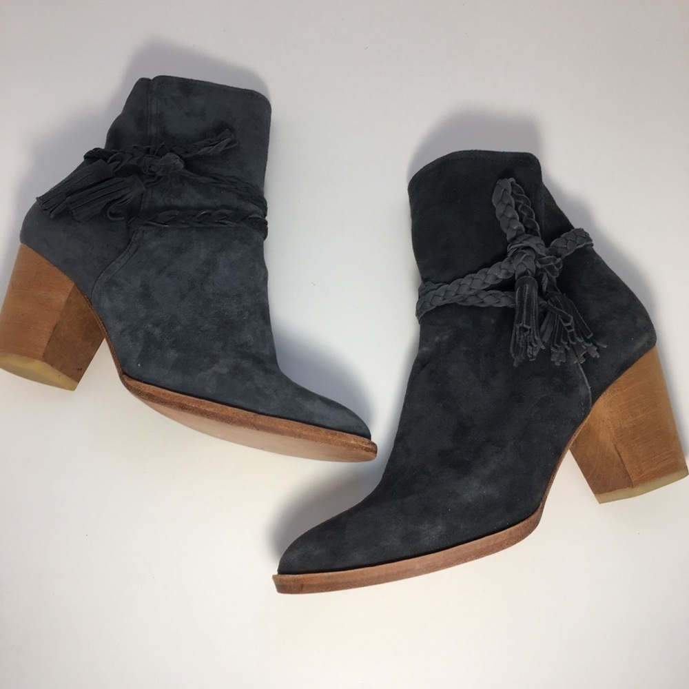 Anthropologie Huma Blanco Gray Suede Leather Ankle Boots Size 38 US 7 Braided - Picture 12 of 13